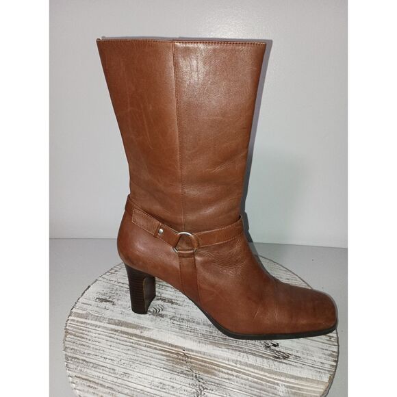 BASS, Tan Block Heel Mid Calf Leather Dress Boot with Ring, Woman Size 9 - Picture 1 of 8